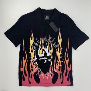 Ed Hardy NWT Tattoo Black Fire Heart‎ Short Sleeve Button Up Men's Shirt Size XL